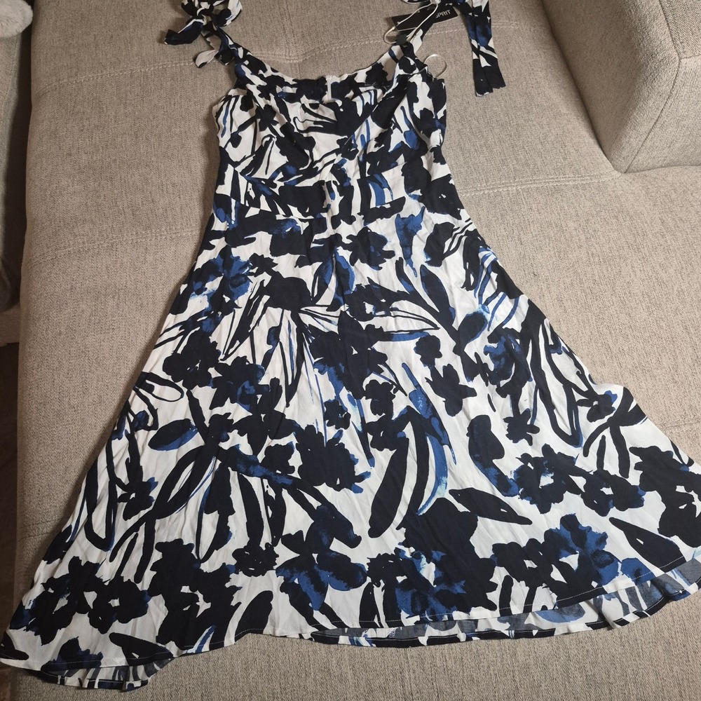 Esprit Women Abstract Floral Midi Dress Navy White Tie Shoulder NWT Size36 =6
